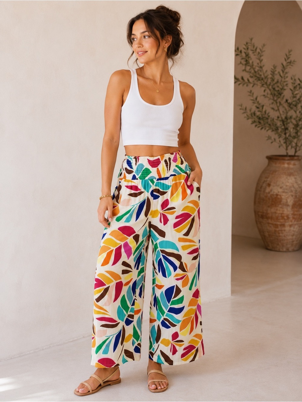 Wide-Leg Tropical Leaf Print Pants in Multi-Color